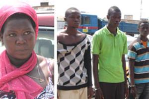 Mariam Mumuni, the pregnant woman  (left), From (l-r) Yussif Salisu, Benjamin Adu, and Eric Budu (right)